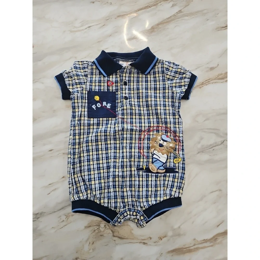 B. T. Kids Boys Golf Romper 6/9 Months Embroidered Lion Golfing
